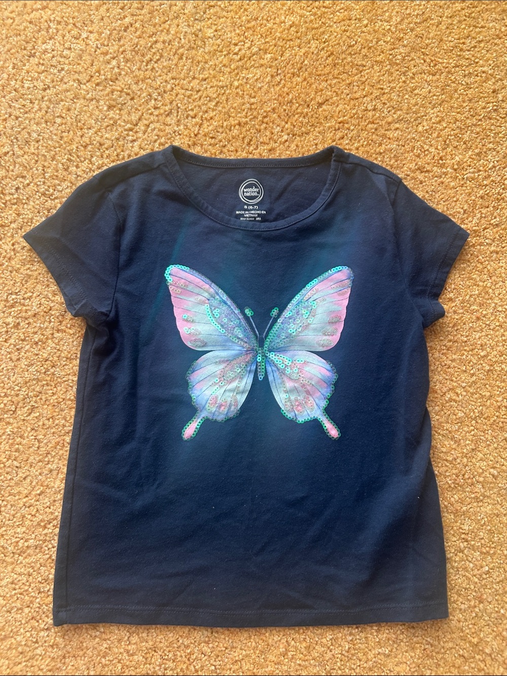 wonder nation Navy Tee with Pink & Teal Butterfly Sequin Graphic